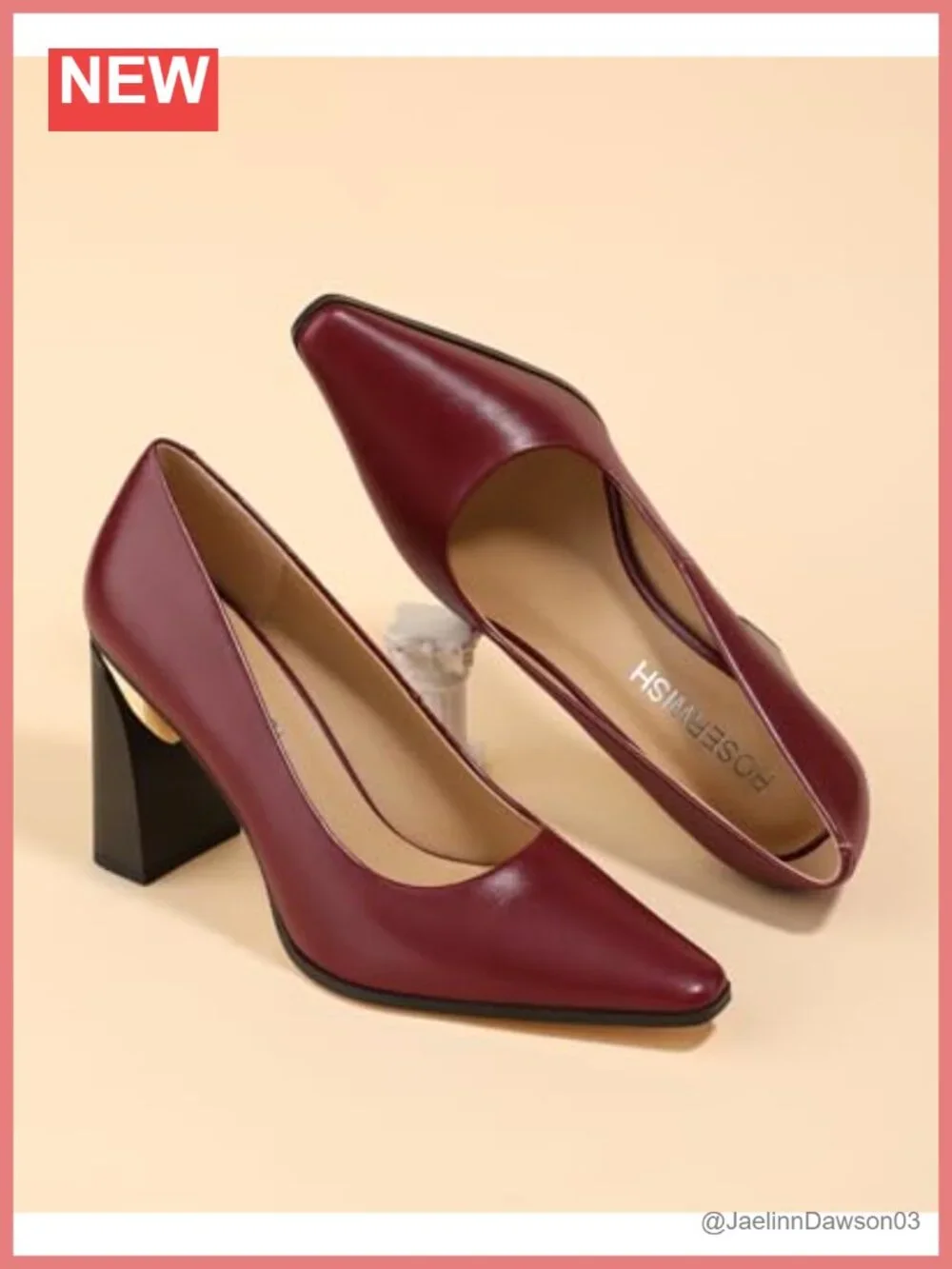 Women's Chunky Block Heel Pumps Patent Leather Pumps with Gold-Tone Detailing